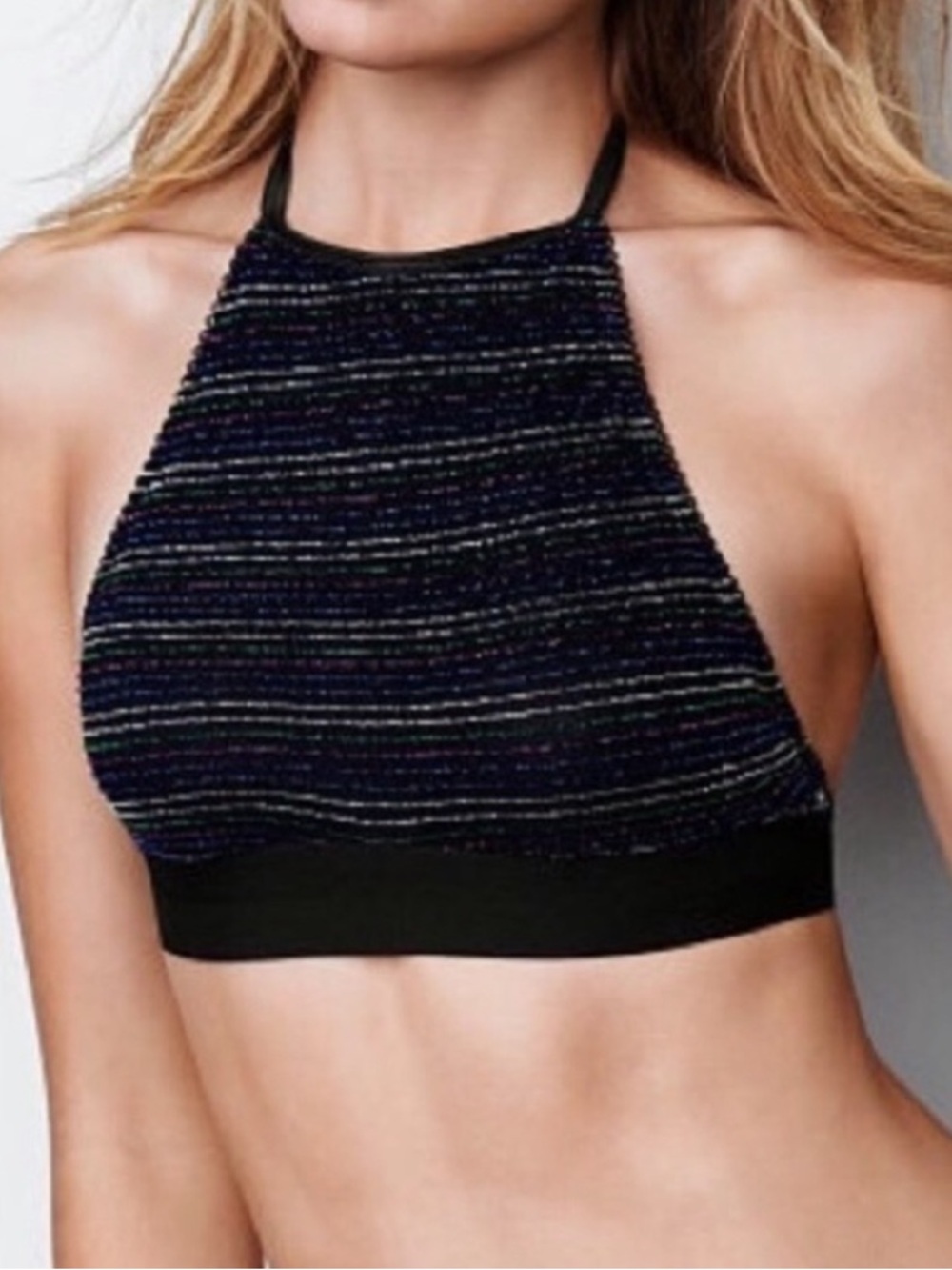 VS Metallic Glitter Stripe High Neck Bralette Bra Top XS Black